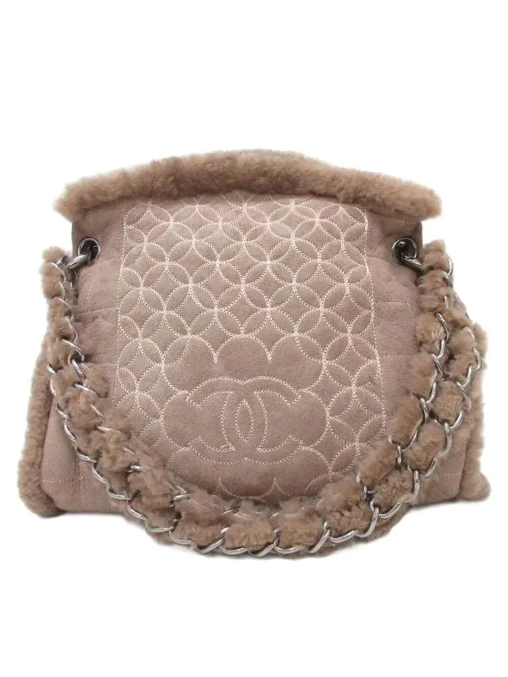 Chanel CC Logo Stitch Shearling Handbag Chain Shoulder Fleece Choco Bar